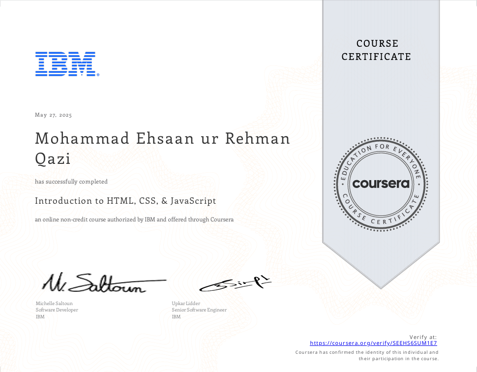 Introduction to HTML, CSS, and JavaScript Certificate