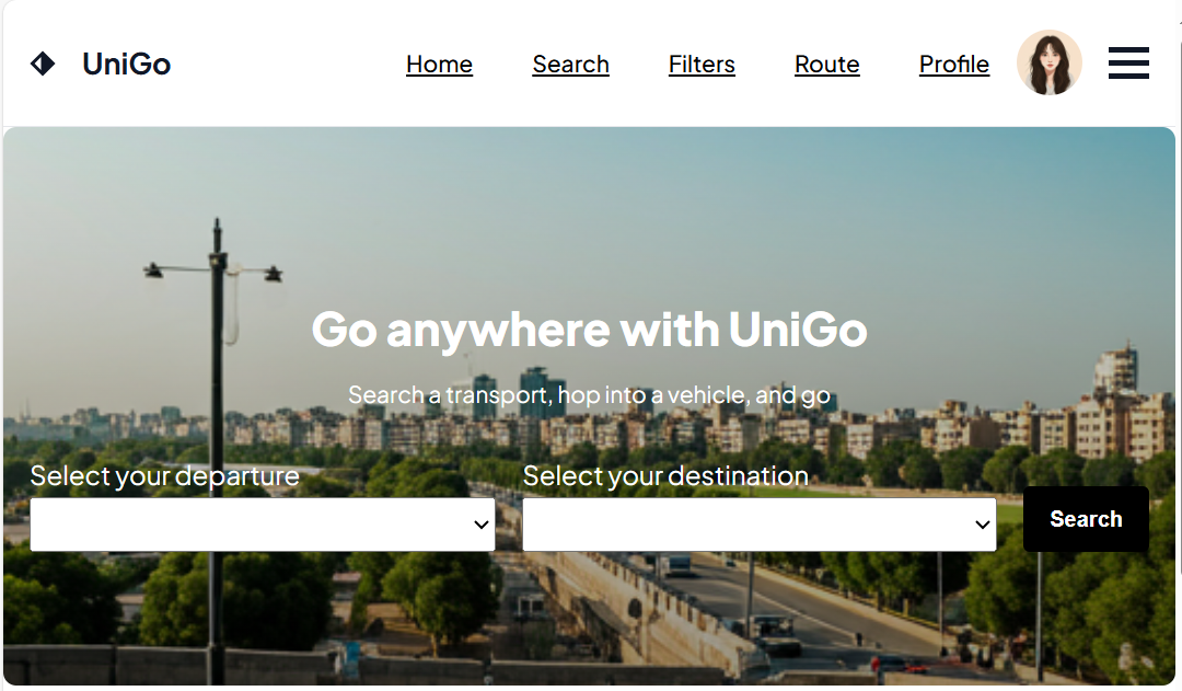 UniGo transport finder application interface