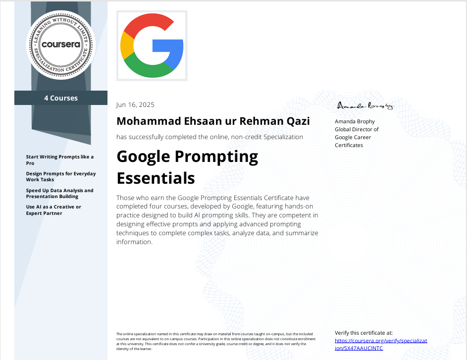 Google Prompting Essentials Certificate