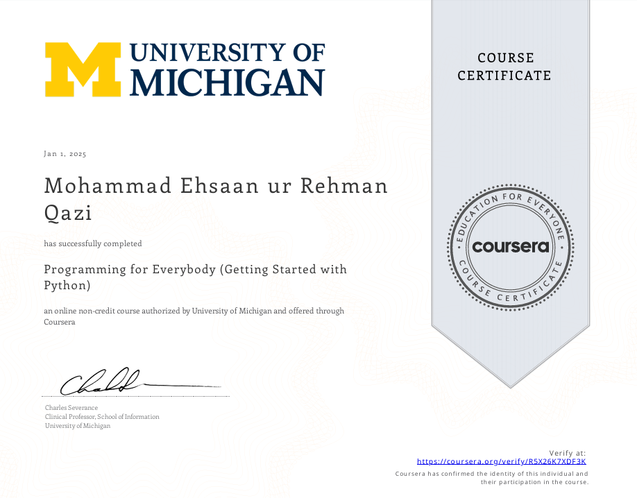 Programming for Everybody - Getting Started with Python Certificate